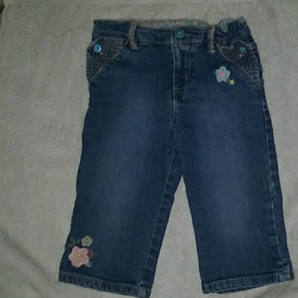 blue jean capris with embroidered flowers